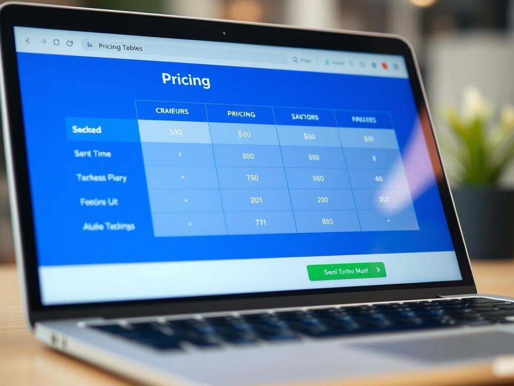 A close-up shot of a pricing table displayed on a laptop screen, featuring clear and organized pricing options. The background should be subtly blurred to keep the focus on the screen. The color scheme should use the primary blue (#062767) with white text, presenting a professional and appealing layout.