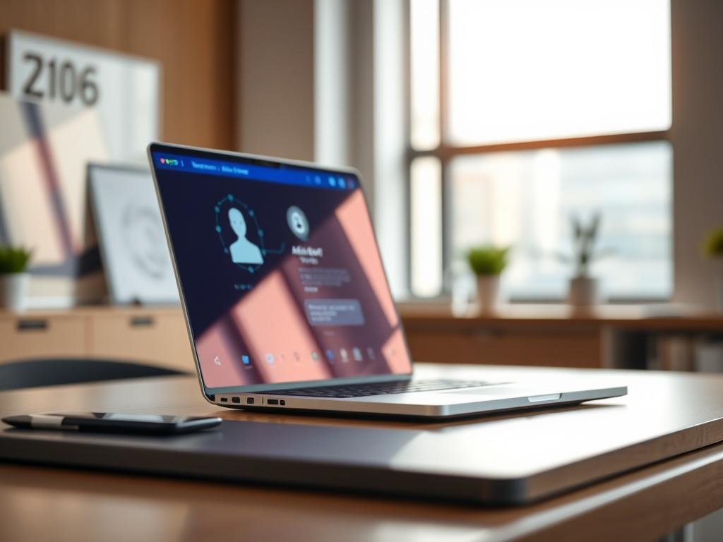 A hyper-realistic close-up shot of a modern office environment featuring a sleek desk with a laptop open displaying an AI chatbot interface. The background should be softly blurred, emphasizing the desk and laptop, with natural light coming through a window, creating a warm and inviting atmosphere. The primary color #062767 should subtly reflect on the laptop screen, enhancing the overall aesthetic.