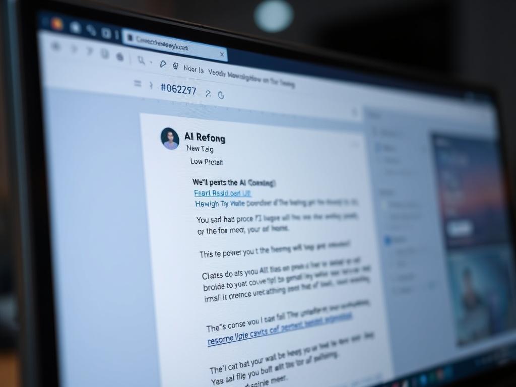 A close-up shot of a modern computer screen displaying an email interface with a sleek design. The screen shows an email draft with an AI-generated response. The background is blurred to emphasize the screen, and the primary color #062767 is subtly integrated into the interface design.