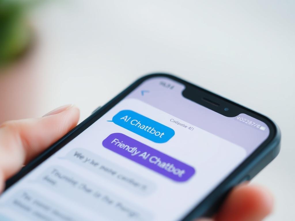 A close-up shot of a smartphone displaying a chat interface with a friendly AI Chatbot interaction. The chat bubbles show engaging responses. The background is softly blurred, focusing on the smartphone, with the primary color #062767 harmoniously included in the chat design.
