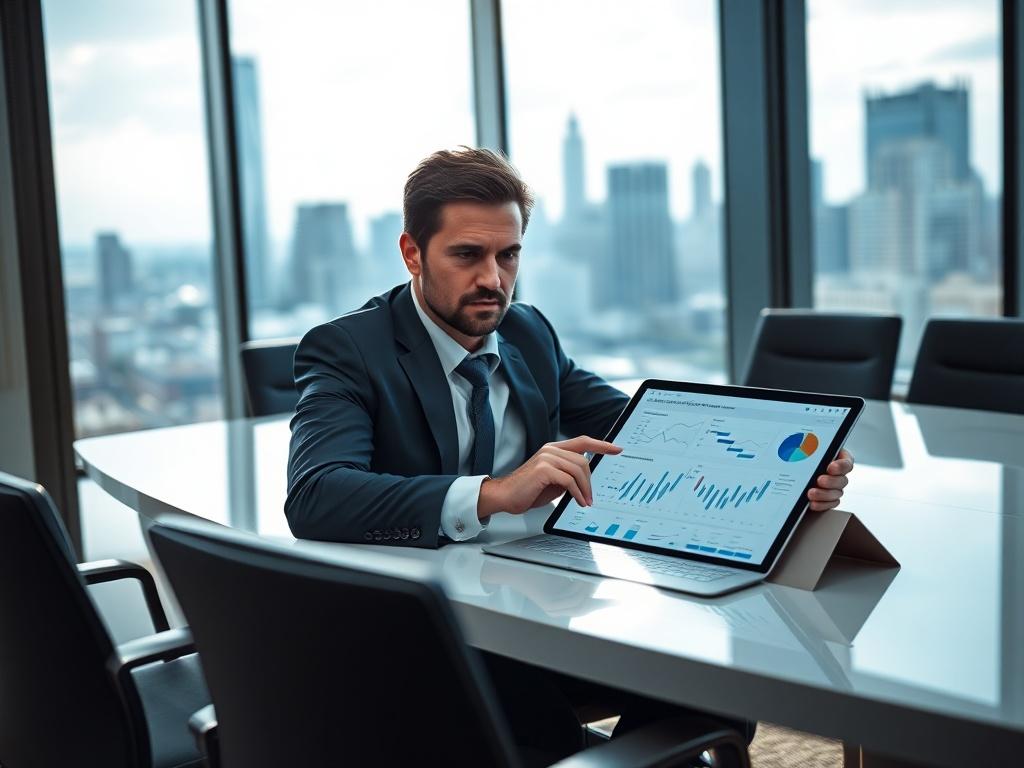A close-up shot of a confident executive sitting at a modern conference table, reviewing cybersecurity reports and analytics on a digital tablet. The executive is dressed in business attire, with a focused expression, indicating deep thought and engagement. The background features a sleek, modern office environment with large windows showing a city skyline, bathed in natural light. The color scheme incorporates shades of blue to align with the primary color rgb(2, 86, 197). The composition should be simple 