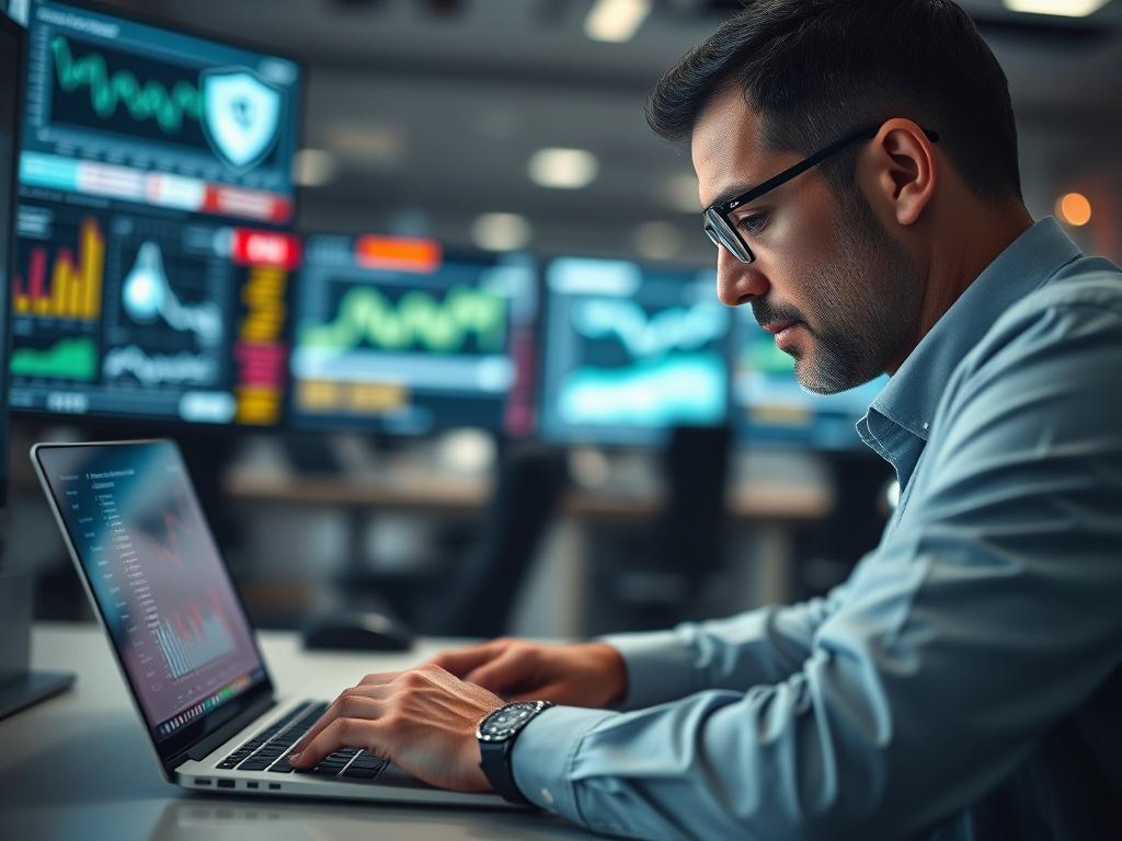 A close-up shot of a cybersecurity expert analyzing data on a laptop, with a focused expression. The background features a modern office setting with a blurred view of security monitors displaying graphs and alerts. The lighting is soft and professional, highlighting the expert's concentration and the high-tech environment. The image should evoke a sense of diligence and preparedness in the face of cybersecurity challenges.