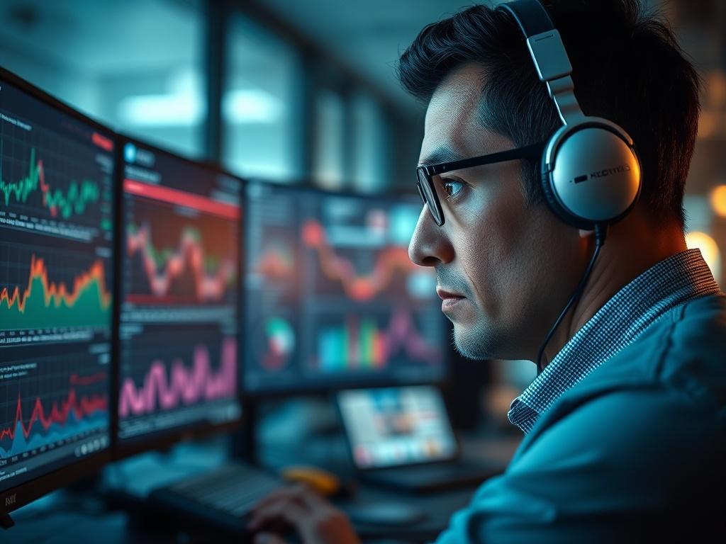 A hyper-realistic close-up shot of a cybersecurity analyst examining data on multiple screens in a modern office environment. The analyst is focused, with a serious expression, surrounded by high-tech equipment and analytical data visualizations. The background should be blurred slightly to emphasize the analyst and the screens, with a color palette that includes the primary color rgb(2, 86, 197). The lighting should be dramatic, highlighting the screens and the analyst's face.