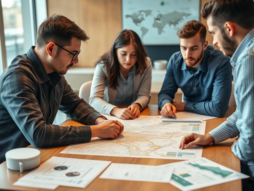 A cybersecurity team engaged in a tabletop exercise, with maps