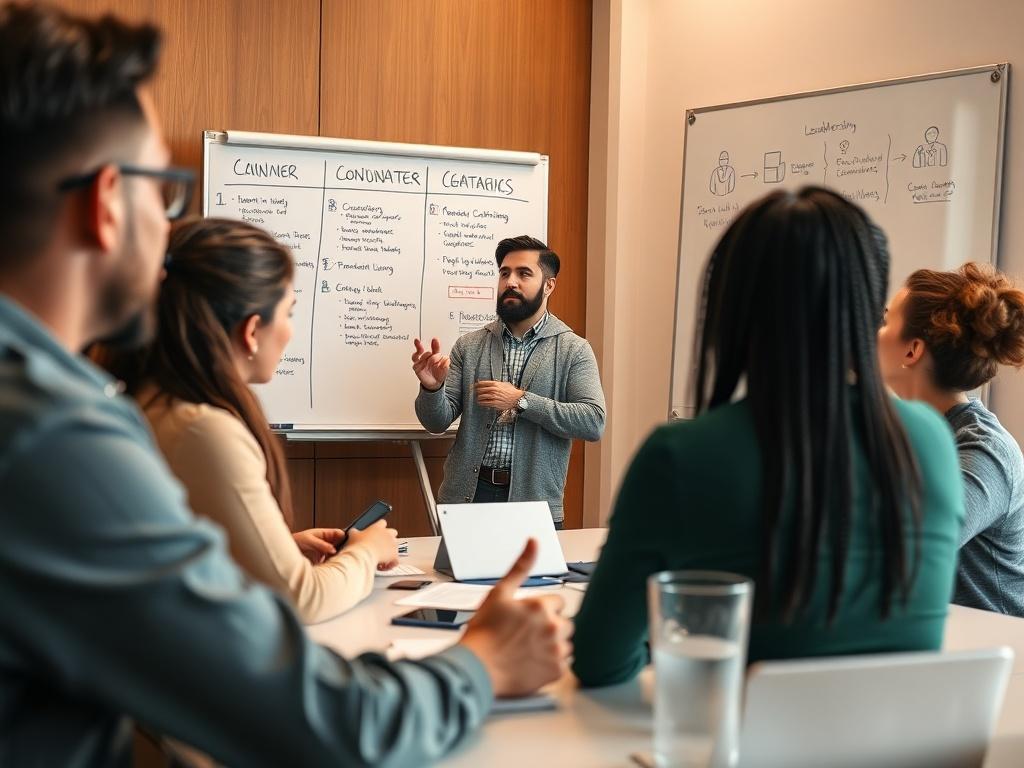 A close-up shot of a leadership training session, featuring a diverse group of individuals engaged in discussion and brainstorming. One person is presenting in front of a whiteboard with strategies outlined. The image should convey collaboration, energy, and focus, with bright lighting that resonates with the rgb(243, 153, 62) primary color.