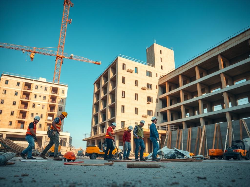 A close-up shot of a construction site with a completed building in the background, focusing on construction workers collaborating. The scene should capture dynamic movement, showcasing tools and materials, with a clear blue sky overhead. The image should have a warm tone, compatible with the rgb(243, 153, 62) primary color.