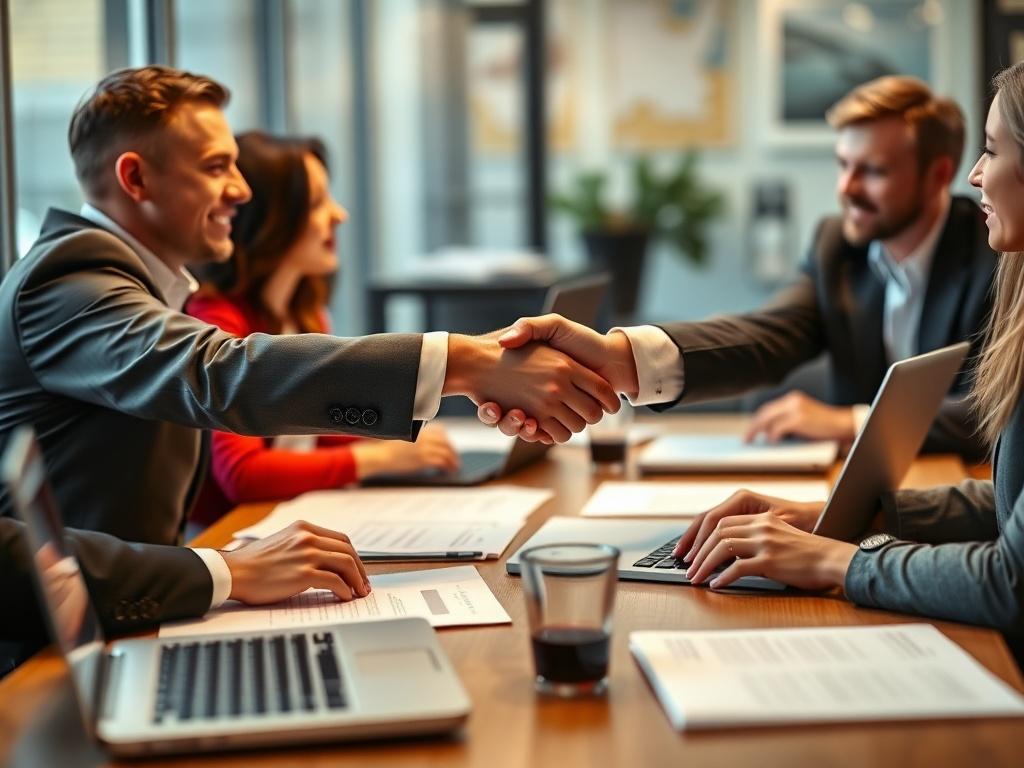 A close-up shot of a business meeting in progress, showcasing two parties discussing a deal with documents and laptops on the table. The atmosphere should be professional and engaging, with a focus on handshakes and expressions of agreement. The background should be softly blurred to emphasize the interaction, with warm lighting that matches the rgb(243, 153, 62) primary color.