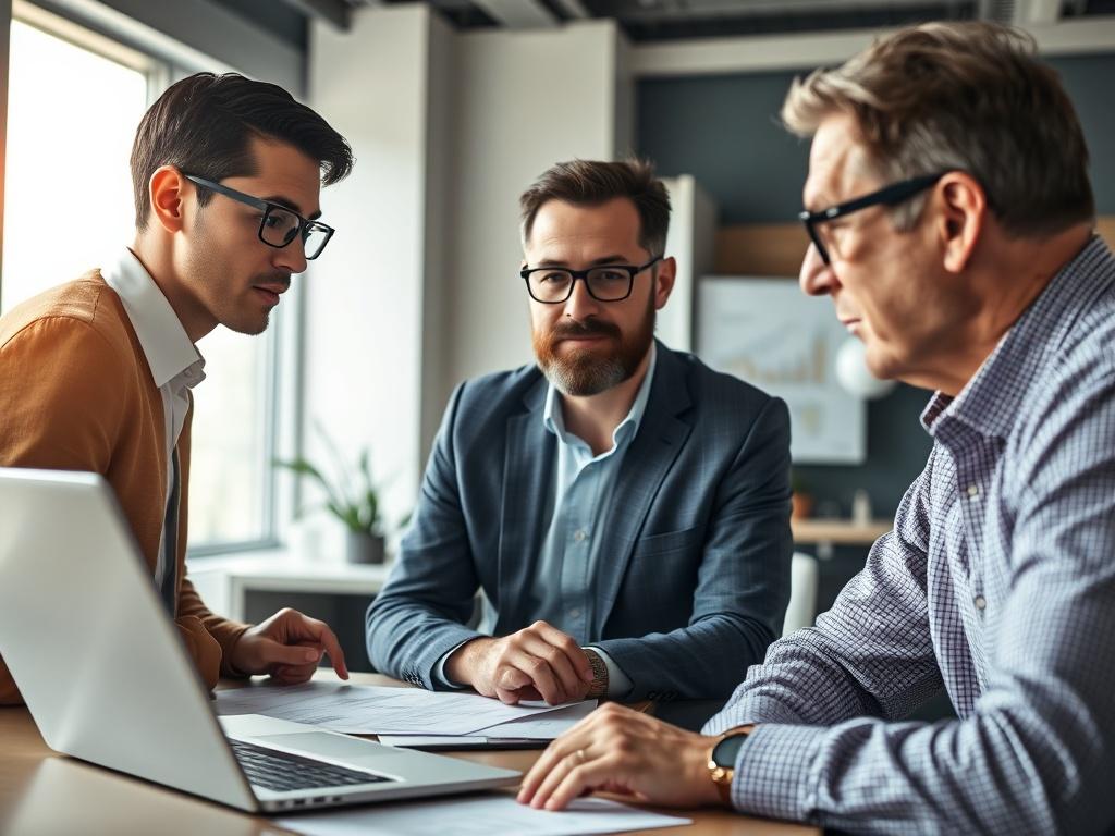 A close-up shot of an entrepreneur discussing business strategies with a mentor in a modern office setting. The focus is on their engaged expressions and collaborative atmosphere. The background features a sleek desk with business documents and a laptop, capturing a professional yet inviting environment, with natural light streaming through a window.