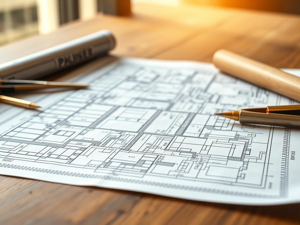 A close-up shot of a modern architectural blueprint with intricate designs laid out on a wooden table, surrounded by drafting tools like a compass and scale. The background is softly blurred, focusing on the detailed lines and annotations of the blueprint, with warm natural lighting to enhance the feel of creativity and construction.