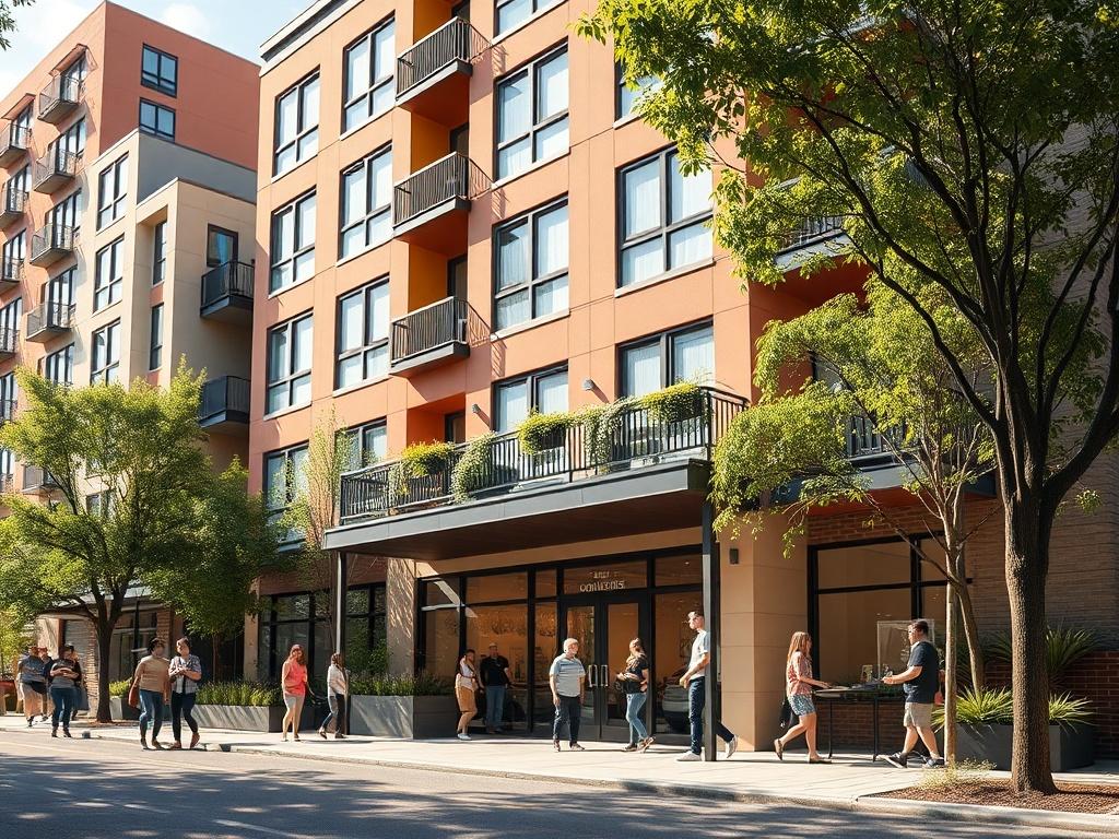 A vibrant image of a renovated multi-family building in an urban setting, showcasing modern architecture and greenery. The image focuses on the building's inviting entrance, with families and individuals enjoying the outdoor space, symbolizing community engagement and revitalization. Natural sunlight enhances the colors of the building, creating a warm and welcoming atmosphere.