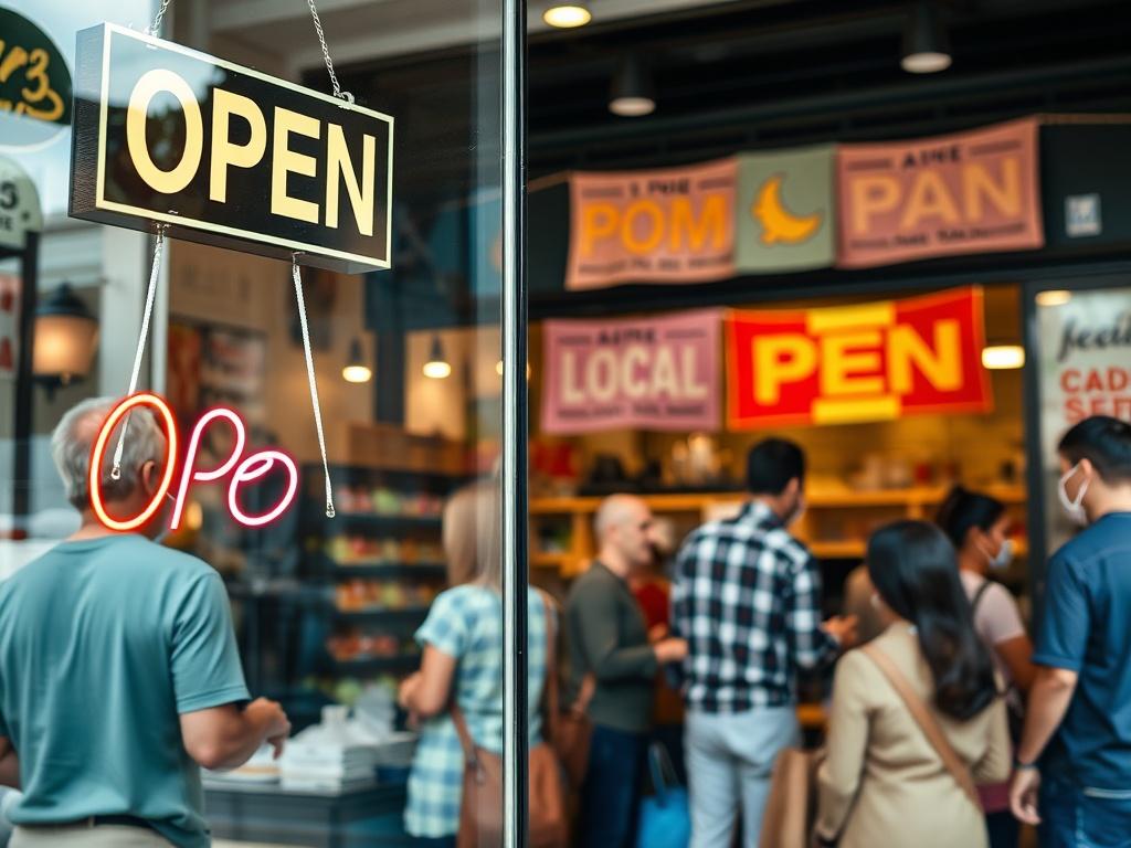 A close-up shot of a local business storefront with a 'Open' sign, showcasing a diverse group of customers interacting with the staff. The scene captures the essence of community engagement, with colorful banners promoting local events in the background. The image is bright and inviting, emphasizing the importance of local business in sustaining the neighborhood.