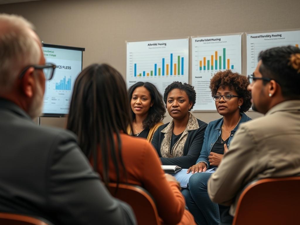 A close-up shot of a panel discussion featuring diverse speakers addressing an audience about affordable housing, with charts and graphs displayed in the background, emphasizing community engagement and dialogue.