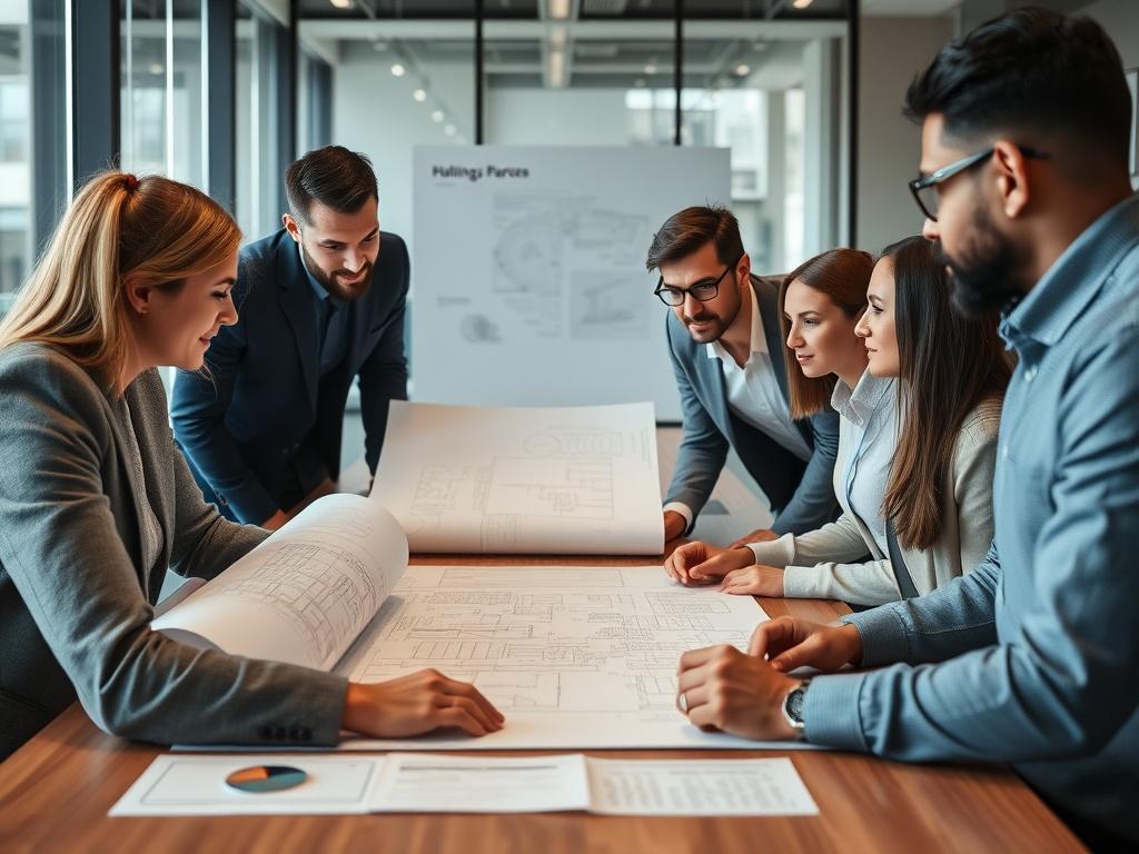 A close-up shot of a group of diverse professionals discussing blueprints and plans in a modern conference room, with architectural designs and charts on the table, showcasing teamwork and collaboration.