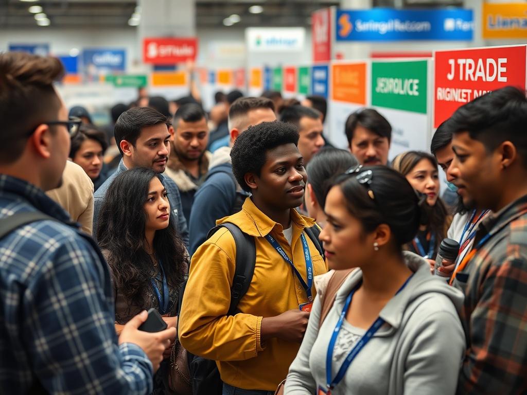 A close-up shot of a diverse group of job seekers engaging with employers at a vibrant job fair, with booths displaying trade logos and information, creating an atmosphere of opportunity and excitement.
