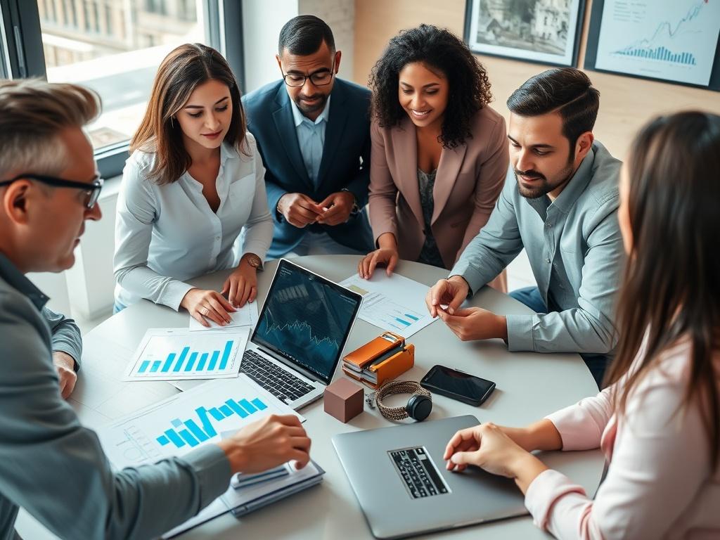 A high-resolution image of a diverse group of professionals gathered around a table discussing real estate opportunities, with charts and laptops visible, shot with a 45mm f/1.2 lens style.
