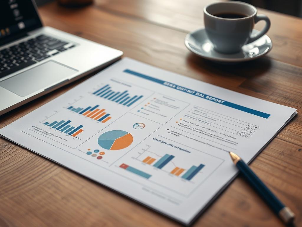 A close-up of a professional looking document titled 'Berks Multi-Unit Deal Report' with graphs and charts, set on a wooden desk with a laptop and coffee cup in the background, captured in high-resolution with a 45mm f/1.2 lens style.