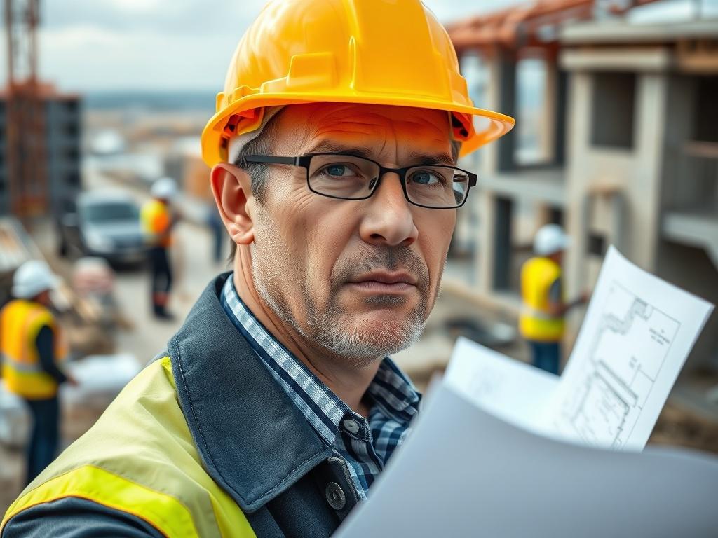 A hyper-realistic close-up of a project manager overseeing a construction site, with blueprints in hand and workers in the background. The image should focus on the manager's determined expression, symbolizing control and leadership. The color scheme should align with the primary color #FF6E4E, highlighting the professional environment.