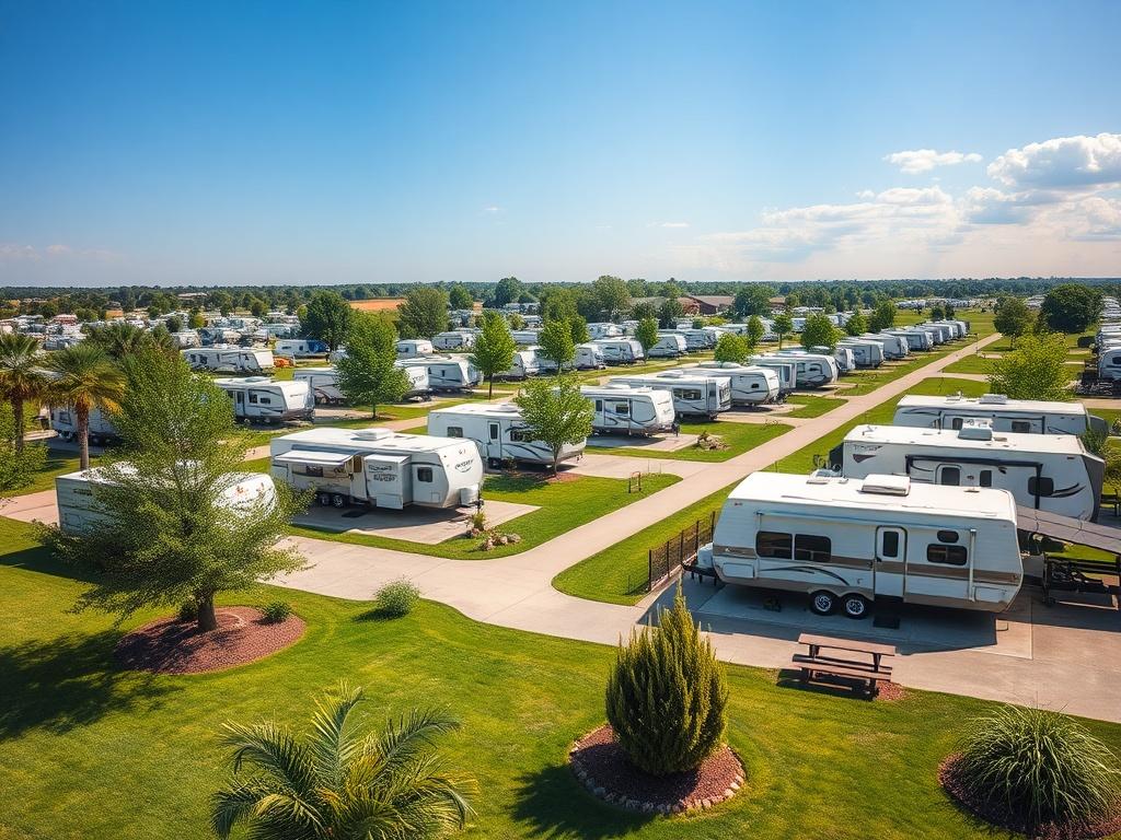 A realistic high-resolution close-up shot of an RV Homestead with neatly arranged RV pads, surrounded by lush greenery, showcasing amenities like picnic areas and walkways. The image should focus solely on the RV park environment, capturing a serene and inviting atmosphere, with a clear blue sky in the background. The color palette should harmonize with the primary color #FF6E4E.