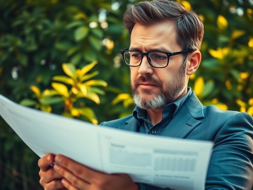 A close-up shot of a confident investor reviewing a real estate portfolio, with vibrant green foliage in the background to signify growth and opportunity. The composition should focus on the investor's thoughtful expression, highlighting a pen and a financial document in their hands. The lighting should be warm and inviting, reinforcing a sense of trust and professionalism.