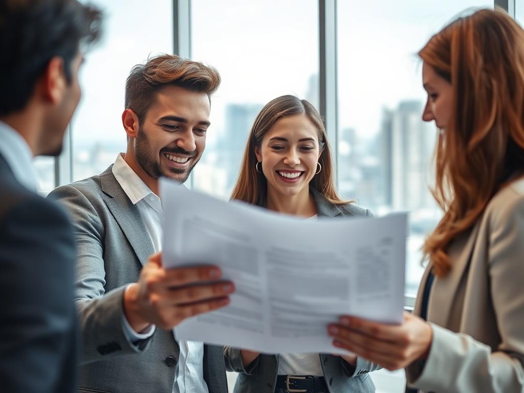 A professional setting with a young man and woman engaged