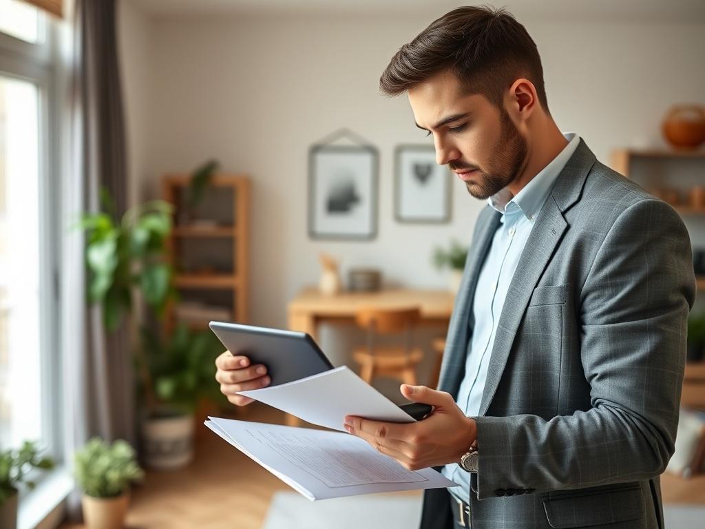 A high resolution image of a professional property manager reviewing