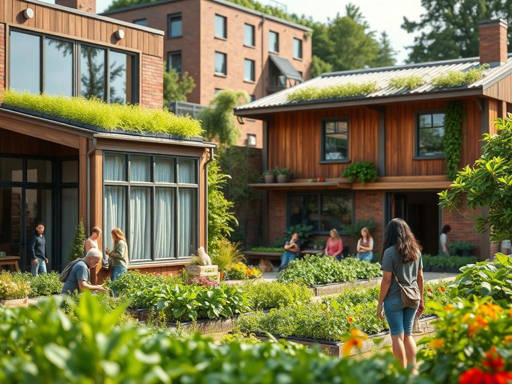 A vibrant, hyper realistic image of urban farm buildings surrounded