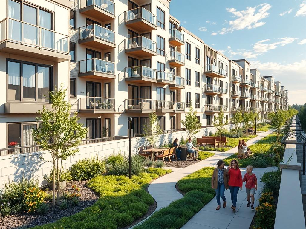 A hyper realistic image showcasing a newly constructed multi family