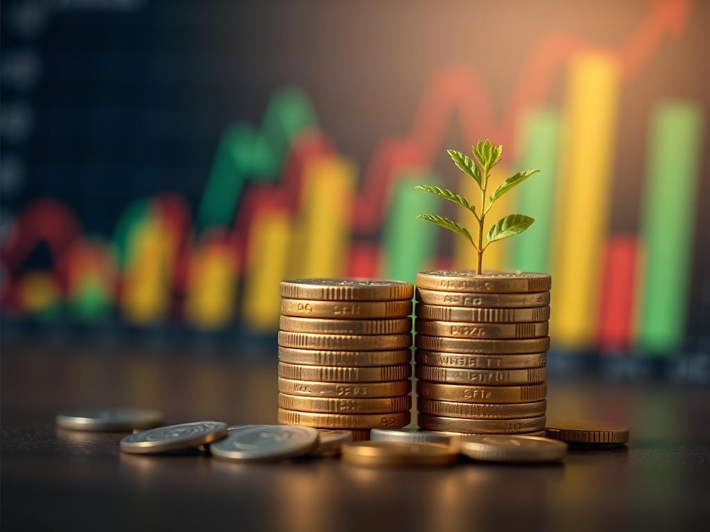 A close-up shot of three stacked coins representing different investment tiers, with a blurred background of a financial chart and a small plant, symbolizing growth and prosperity.