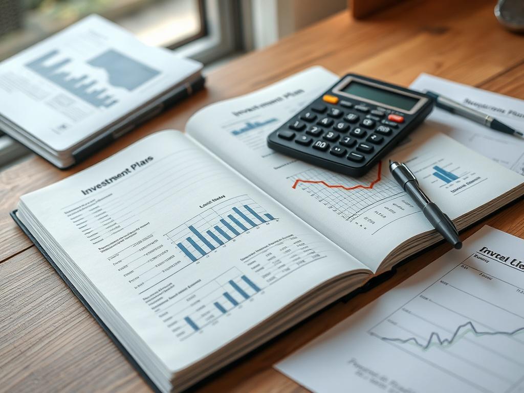 A close-up shot of an open notebook with investment plans and graphs on the pages, accompanied by a calculator and a pen, all set on a wooden desk with soft natural light coming through a nearby window.