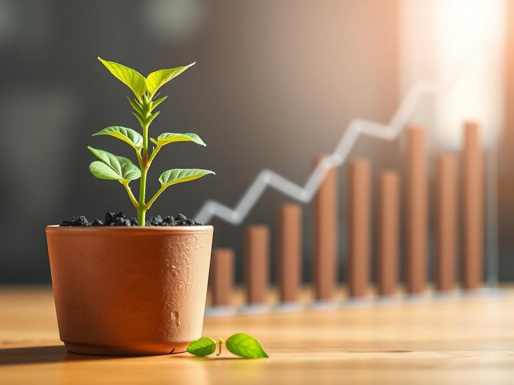 A close-up shot of a growing plant in a pot next to a graph showing increasing returns, symbolizing financial growth and prosperity against a bright background.