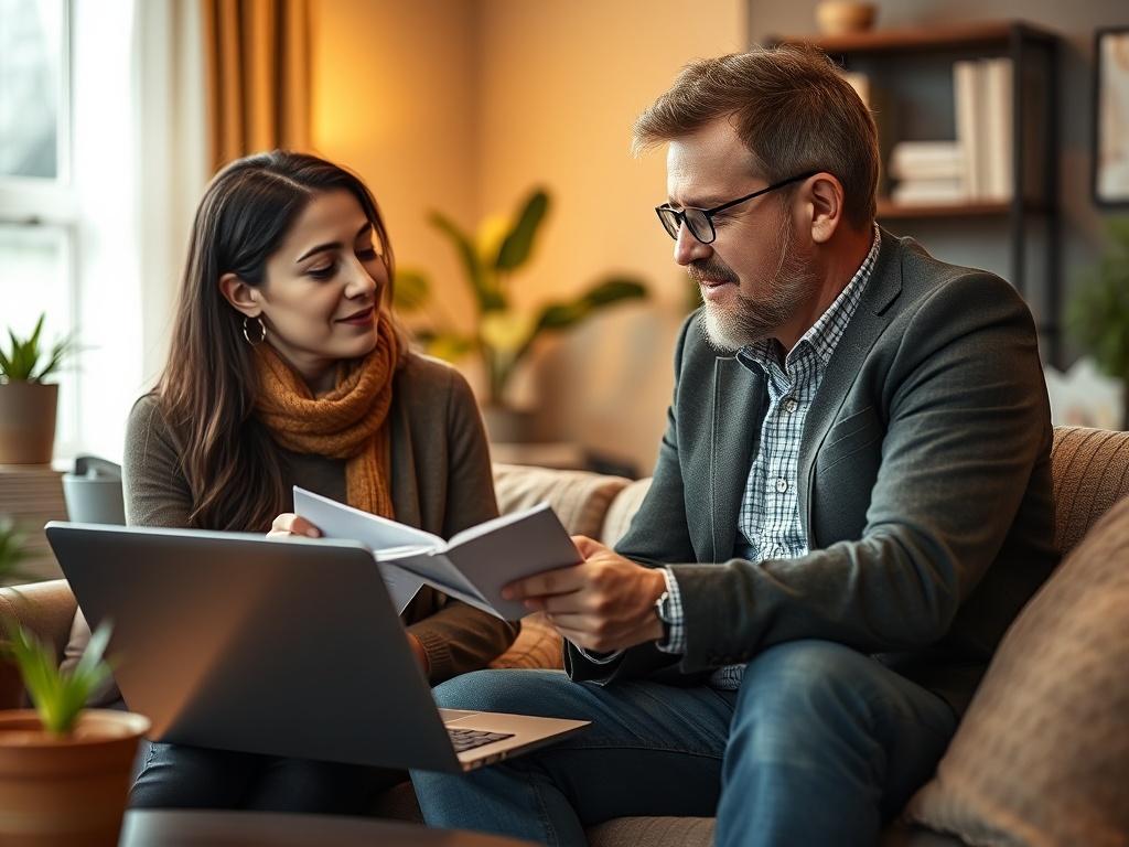 A one-on-one mentorship session taking place in a cozy, professional environment. The scene shows a mentor and mentee engaged in discussion over a notebook and laptop, emphasizing collaboration. The background is warmly lit, creating an inviting atmosphere, with elements that suggest knowledge sharing and professional growth.
