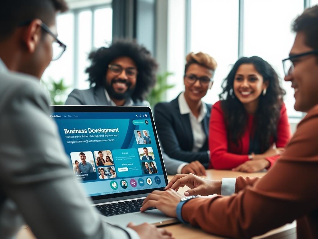 A professional setting featuring a diverse group of individuals engaged in an online learning session. The focus is on a laptop screen displaying a business development course interface, with a backdrop of a modern office environment. The lighting is bright, conveying a sense of productivity and focus, with a clean, minimalistic aesthetic.