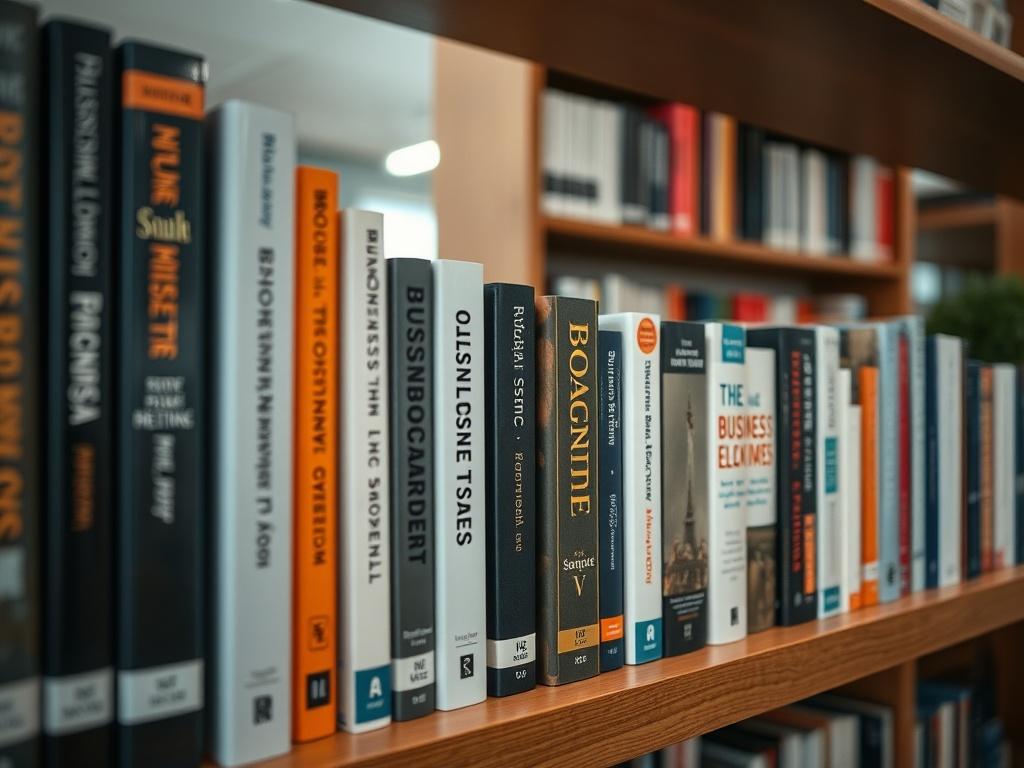 An aesthetically pleasing bookshelf filled with a variety of business development books. The focus is on a few prominently displayed titles with covers that suggest depth and insight. The setting is a well-lit, modern office space that conveys professionalism and a love for learning.