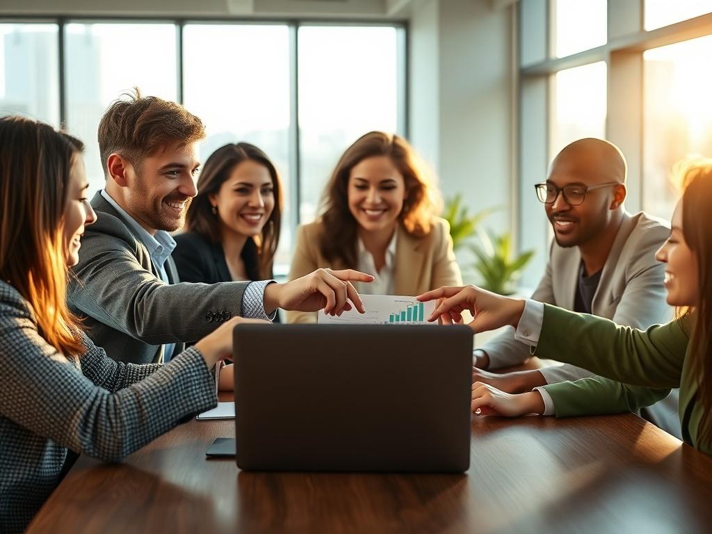 A high-resolution image of a diverse group of professionals discussing investment opportunities around a table. The focus is on their hands pointing at a laptop showing financial charts. The background is a modern office with large windows, sunlight streaming in. The color scheme incorporates shades of green to match the brand.