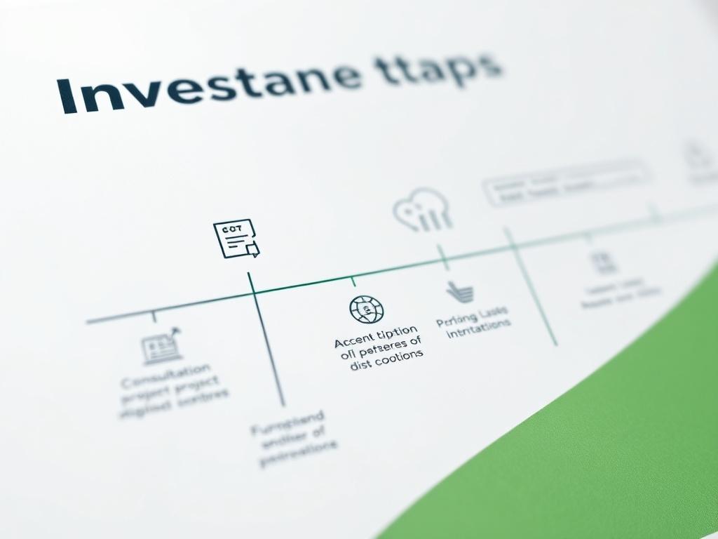 A high-resolution image depicting a clear roadmap or flowchart illustrating the investment process steps. The design includes icons representing each step like consultation, project selection, and funding. The background is subtle, focusing on the clarity of the flowchart with a green accent.