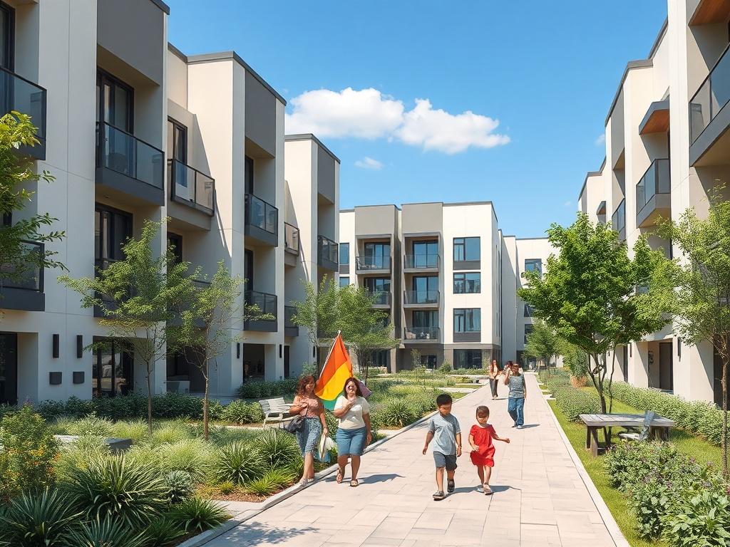 A high-resolution image of a modern residential development with multiple units, showcasing contemporary architecture. The scene includes people walking, children playing, and greenery around the buildings. The setting is vibrant and welcoming, with a clear blue sky in the background. The color palette includes green to align with the brand.