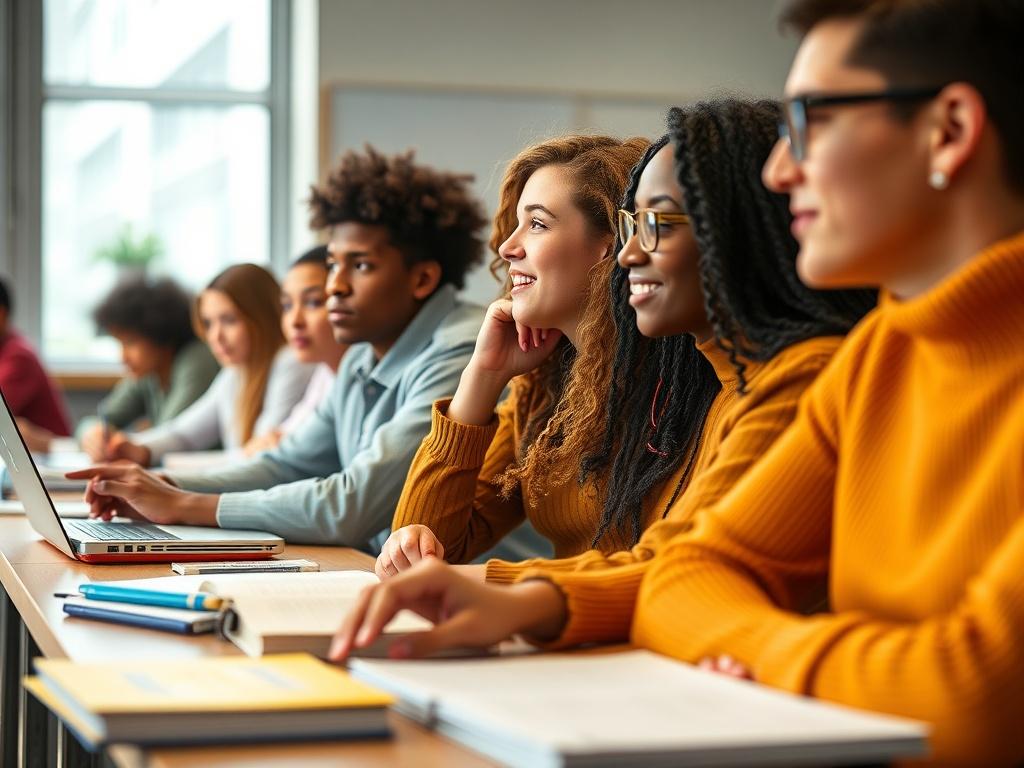 A close-up shot of a diverse group of students engaged in a vibrant classroom setting, focused on a presentation about real estate and professional development. The scene should be bright and inviting, featuring realistic details like books, laptops, and educational materials on the desks. The background should showcase a modern classroom environment, emphasizing a collaborative learning atmosphere. Ensure the image is high-resolution and captures the essence of growth, learning, and professional advancemen