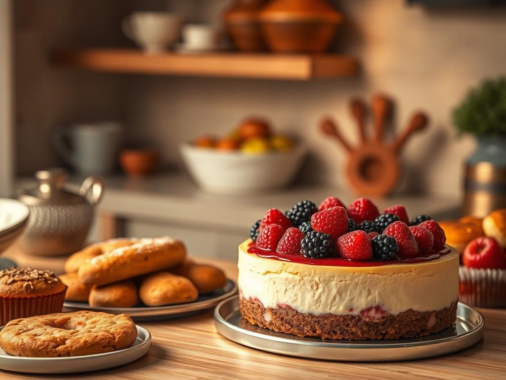 A cozy, inviting kitchen scene featuring a beautifully presented cheesecake