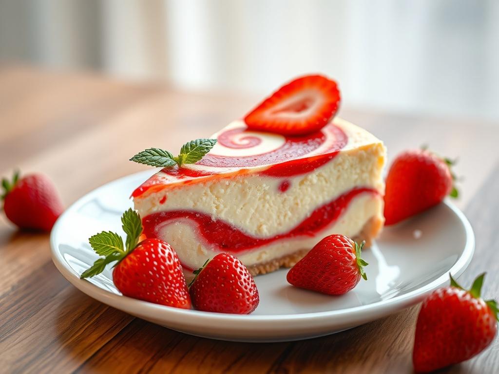A vibrant slice of Strawberry Swirl Cheesecake on a white