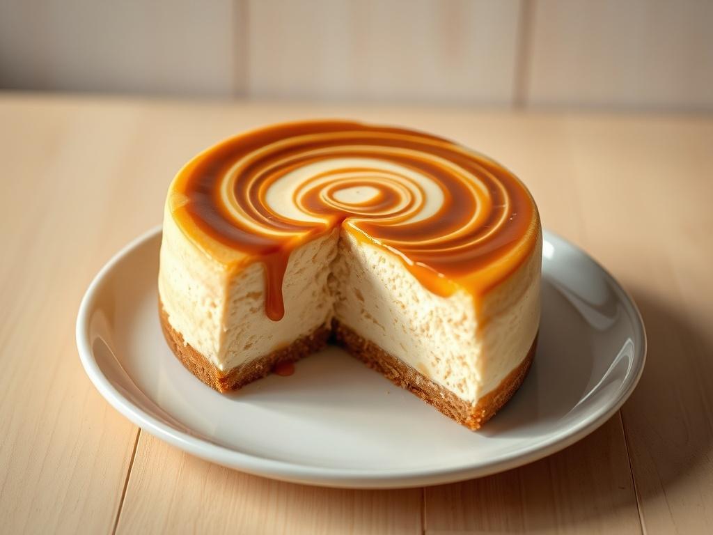 A hyper-realistic close-up shot of a Caramel Swirl Cheesecake, showcasing its creamy texture and rich caramel topping. The cheesecake sits elegantly on a simple white plate, with a light-colored wooden background that complements the dessert. The focus should be on the cheesecake, capturing the glossy caramel swirl and smooth surface, with soft natural lighting enhancing the rich colors. The image should evoke a sense of indulgence and allure.