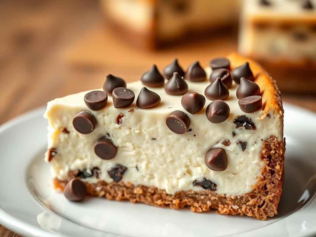A hyper-realistic close-up shot of a slice of Chocolate Chip Cheesecake on a white plate. The cheesecake is creamy with semi-sweet chocolate chips visibly scattered on top. The buttery graham cracker crust should be visible, showcasing its texture. The background should be softly blurred to keep the focus on the cheesecake, with a warm, inviting color palette that complements the dessert. The image should evoke a sense of indulgence and deliciousness.