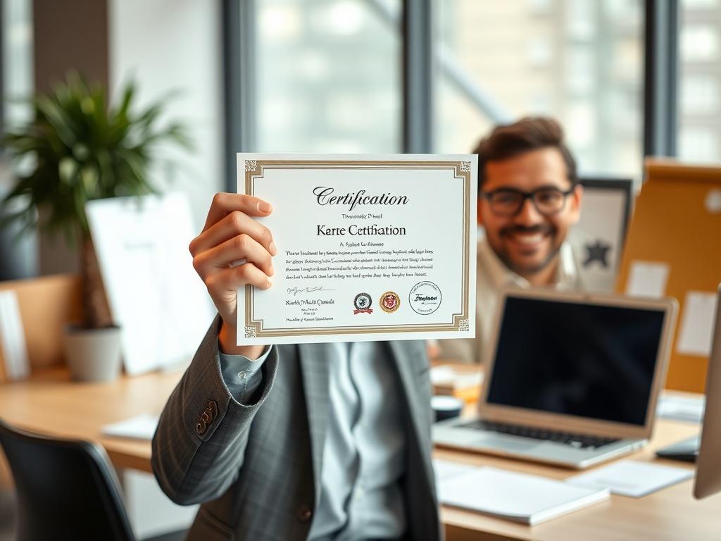A high resolution close up shot of a professional proudly