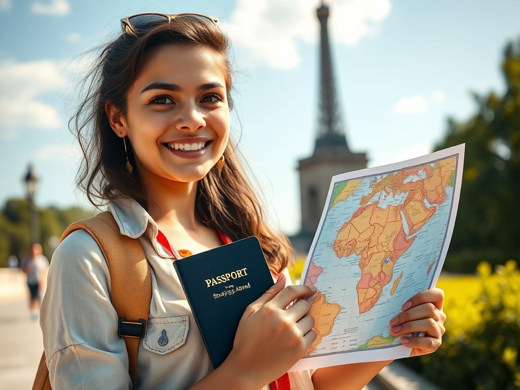 A vibrant scene featuring a student holding a passport and a map, standing in front of a famous landmark. The student wears a look of excitement and anticipation, symbolizing the journey of studying abroad. The background captures a sunny day with the landmark clearly visible, emphasizing the adventure ahead.