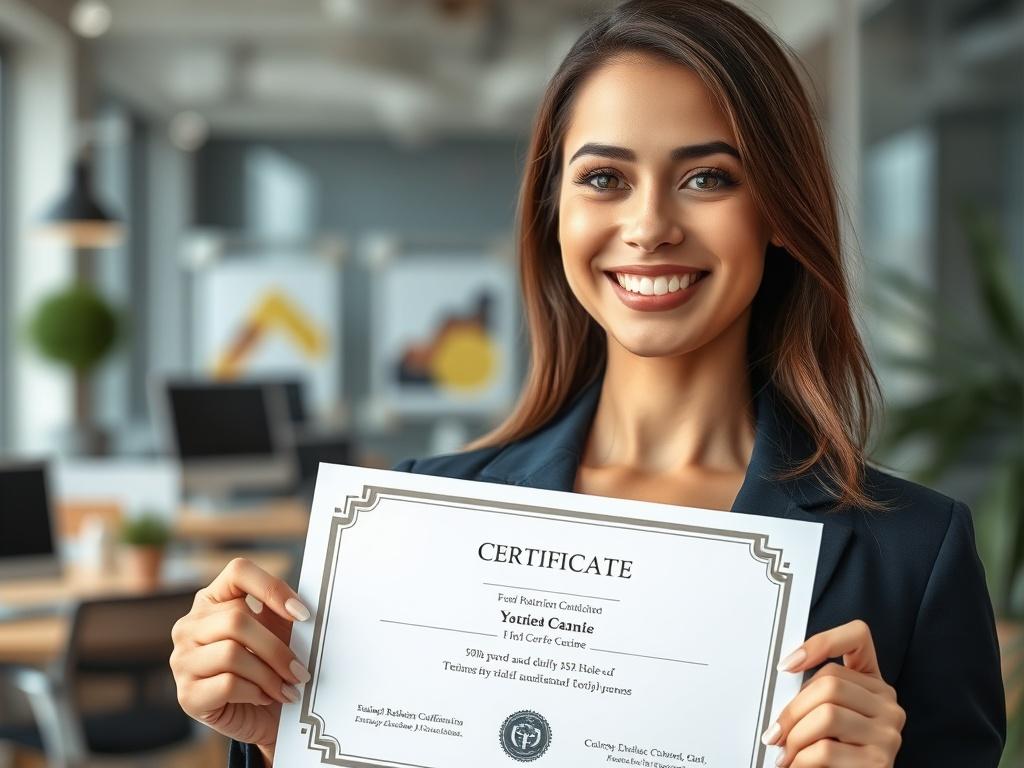 A confident professional proudly displaying their certification in a bright office setting. The focus is on the certificate, with the individual smiling, suggesting accomplishment and pride. The background features a contemporary workspace, symbolizing a successful career.
