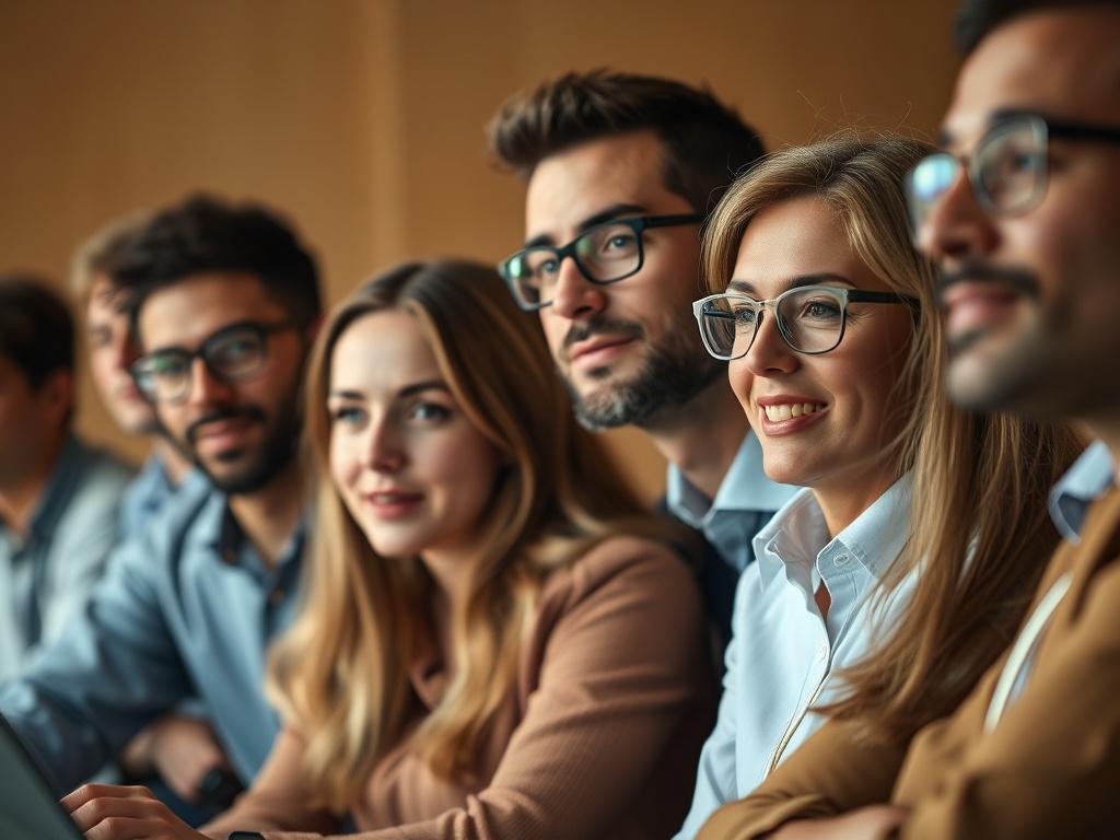 A focused portrait of a diverse group of professionals engaged in an interactive workshop, showcasing expressions of concentration and engagement. The background is softly blurred to emphasize the group, capturing the essence of learning and collaboration. The lighting is warm and inviting, creating a welcoming atmosphere.
