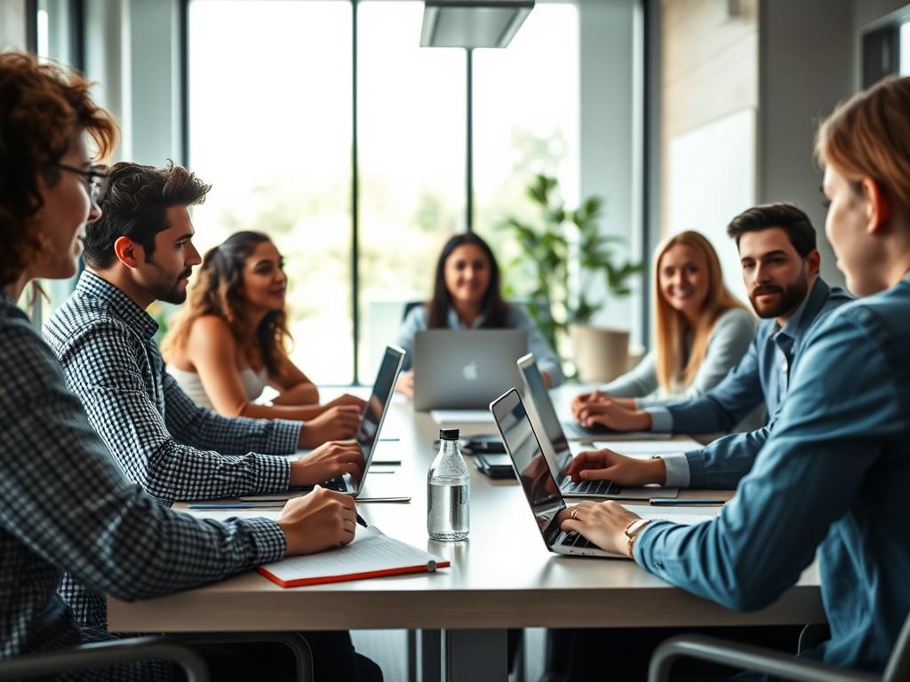 A close-up shot of a diverse group of students engaged in a professional training session. They are seated around a modern conference table, with laptops open and notes in hand, showcasing a collaborative environment. The background should feature a large window with natural light streaming in, highlighting an inspiring educational atmosphere. The image should be hyper-realistic, focused, and captured with a 45mm f/1.2 lens style, complemented by a subtle blue tint that aligns with the primary color rgb(2, 
