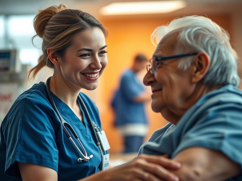 A focused, close-up shot of a nursing assistant in scrubs, assisting an elderly patient in a bright, well-lit healthcare environment. The nursing assistant is smiling warmly, demonstrating compassion and professionalism. In the background, there are medical tools and a soft-focus of a hospital room, creating a comforting atmosphere. The image should be shot with a 45mm f/1.2 lens to achieve a hyper-realistic and intimate portrayal, with warm lighting that complements the rgb(243, 210, 80) primary color.