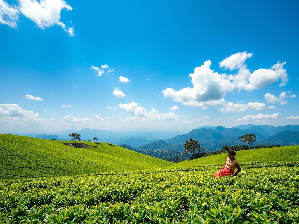 An expansive view of the lush tea gardens in Darjeeling,
