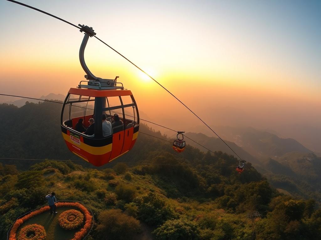 A panoramic view of a scenic cable car ride in