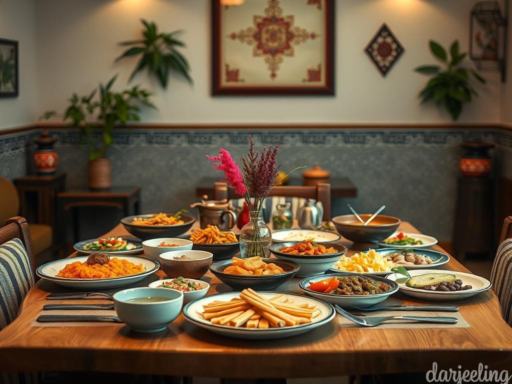 A beautifully arranged dining table with an array of colorful,